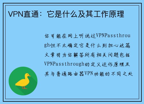 VPN直通：它是什么及其工作原理 